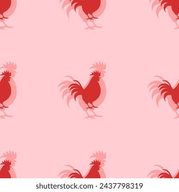 Seamless pattern of large isolated red rooster symbols. The elements are evenly spaced. Vector illustration on light red background