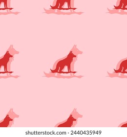 Seamless pattern of large isolated red wild wolf symbols. The elements are evenly spaced. Vector illustration on light red background
