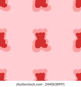 Seamless pattern of large isolated red teddy bear symbols. The elements are evenly spaced. Vector illustration on light red background