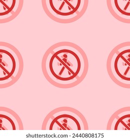 Seamless pattern of large isolated red pedestrian traffic prohibited signs. The elements are evenly spaced. Vector illustration on light red background