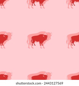 Seamless pattern of large isolated red buffalo symbols. The elements are evenly spaced. Vector illustration on light red background