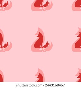 Seamless pattern of large isolated red fox symbols. The elements are evenly spaced. Vector illustration on light red background