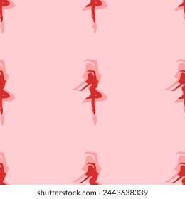 Seamless pattern of large isolated red ballerina symbols. The elements are evenly spaced. Vector illustration on light red background