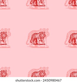 Seamless pattern of large isolated red tiger symbols. The elements are evenly spaced. Vector illustration on light red background