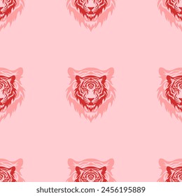 Seamless pattern of large isolated red tiger head symbols. The elements are evenly spaced. Vector illustration on light red background