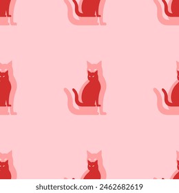 Seamless pattern of large isolated red cat icons. The elements are evenly spaced. Vector illustration on light red background
