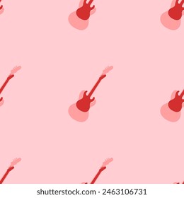 Seamless pattern of large isolated red guitar symbols. The elements are evenly spaced. Vector illustration on light red background