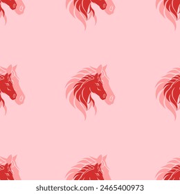 Seamless pattern of large isolated red horse's head symbols. The elements are evenly spaced. Vector illustration on light red background