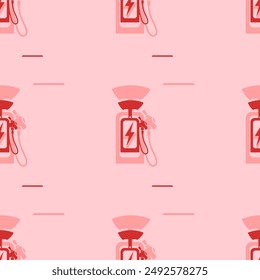 Seamless pattern of large isolated red electric charging station symbols. The elements are evenly spaced. Vector illustration on light red background