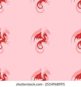 Seamless pattern of large isolated red dragon symbols. The elements are evenly spaced. Vector illustration on light red background