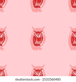Seamless pattern of large isolated red owl symbols. The elements are evenly spaced. Vector illustration on light red background