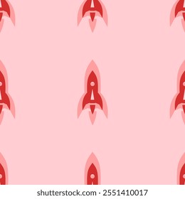 Seamless pattern of large isolated red rockets. The elements are evenly spaced. Vector illustration on light red background