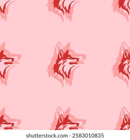 Seamless pattern of large isolated red wolf heads. The elements are evenly spaced. Vector illustration on light red background