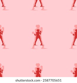 Seamless pattern of large isolated red boxer girl symbols. The elements are evenly spaced. Vector illustration on light red background