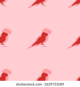 Seamless pattern of large isolated red parrot symbols. The elements are evenly spaced. Vector illustration on light red background