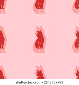 Seamless pattern of large isolated red cat symbols. The elements are evenly spaced. Vector illustration on light red background