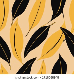 Patrón sin foco de hojas grandes negras y amarillas. Plantilla para impresión en textiles, tejidos, ropa de cama, papel de envoltura, cubiertas y papel pintado.  Amarillo y negro. Ilustración vectorial.