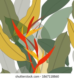 Seamless pattern with large leaves and bright Heliconia flower for trendy prints, fabrics, wrapping paper, T-shirts. Vector illustration.