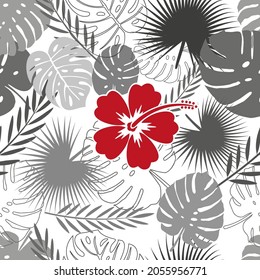 Seamless pattern of large leaves of monstera and palms. Monstera and hibiscus flowers tropical bouquet.