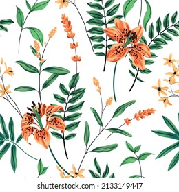 Seamless pattern with large lily flowers, various foliage, small delicate flowers on a light background. Exotic floral print with drawn plants. Botanical surface with tropical flowers, foliage. Vector