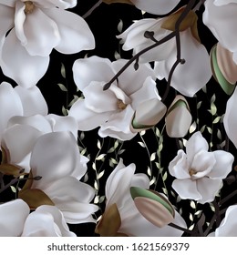 Seamless pattern with large magnolias on a dark background