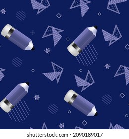 Seamless pattern with large pencils and geometric shapes on a blue background