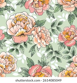 Seamless pattern with large pink and orange peonies and green leaves on a light pastel background, with white leaves in the background, perfect for spring and fashion.
