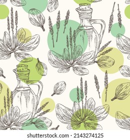 Seamless pattern with large plantain: large plantain plant, leaves and bottle of large plantain oil. Plantago major Vector hand drawn illustration