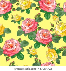 Seamless pattern with large realistic red and yellow roses on a yellow background. Vector illustration.Suitable for fabric,textile,gift wrapping paper and a different design.