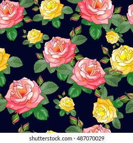 Seamless pattern with large realistic red and yellow roses on a black background. Vector illustration. Suitable for fabric,textile,gift wrapping paper and a different design.