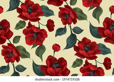 Seamless pattern with large red flowers. The blossoming buds of lush red flowers along with foliage on a branch. Floral background. Vector.