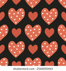 Seamless pattern with large red hearts filled with small white hearts on black background. Ready for Valentine's Day designs, romantic themes, greeting cards,  wrapping paper, vector illustration.