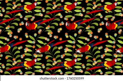 seamless pattern of large red macaws, Caribbean nature, preservation of endangered species, vector illustration