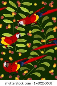 seamless pattern of large red macaws, Caribbean nature, preservation of endangered species, vector illustration