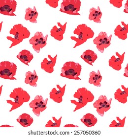 Seamless pattern with  large red poppy flowers  on white background.