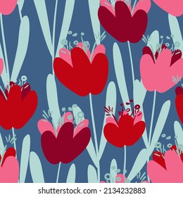 Seamless pattern with large red tulips on a blue background. Used for printing on paper, fabric, packaging, wallpaper. Eps10.