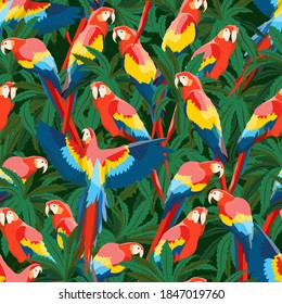 Seamless pattern with large red-blue macaw parrots. Parrots sitting in tropical leaves and flying. Wildlife of the jungle and tropical forests of the Amazon. Realistic trendy vector