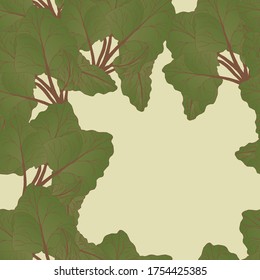 Seamless pattern with large rhubarb leaves, green and red on a gray and beige background.