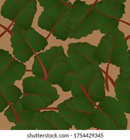 Seamless pattern with large rhubarb leaves drawn, green and red on a pink background in an abstract pattern.