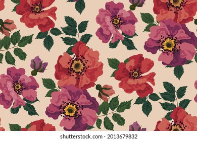 Seamless pattern with large rose hips. Floral print of blossoming pink flowers, leaves on a light background. Vector.