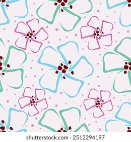 Seamless pattern with large rose hips. Floral print of blossoming pink flowers, leaves on a light background. Vector.