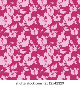 Seamless pattern with large rose hips. Floral print of blossoming pink flowers, leaves on a light background. Vector.