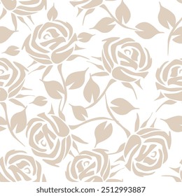 Seamless pattern with large rose hips. Floral print of blossoming pink flowers, leaves on a light background. Vector.