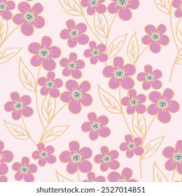 Seamless pattern with large rose hips. Floral print of blossoming pink flowers, leaves on a light background. Vector.