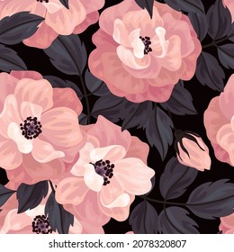 Seamless Pattern With Large Roses And Dark Leaves. Dark Floral Print With Pink Flowers. Vector Illustration, Imitation Of Watercolor.