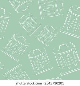 seamless pattern with large round garbage cans in the style of line art on a green background arranged chaotically, to fight against environmental pollution day