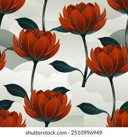 Seamless pattern with a large scarlet blooming flower on a stem with leaves, against a background of lush clouds