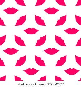 Seamless pattern of large silhouettes of kissing lips bright pink on a white background
