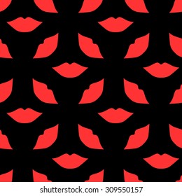 Seamless pattern of large silhouettes of kissing lips red on a black background