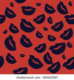 Seamless pattern of large silhouettes of kissing lips blue on red background